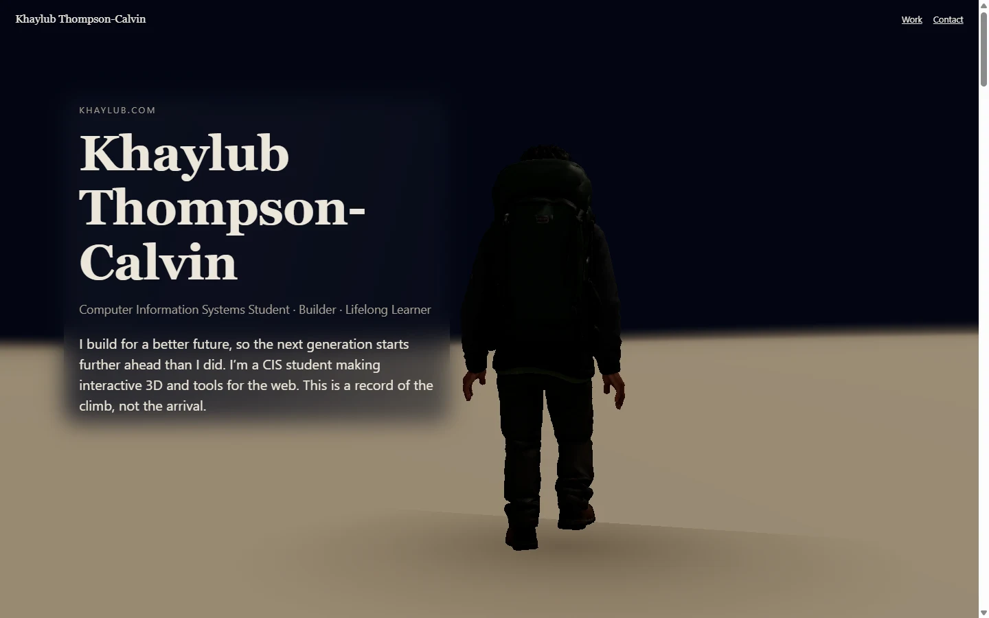 The Wanderer, a hooded figure with a backpack, stands with his back to the viewer on pale ground under a deep night sky; the name and opening statement sit in a dark panel on the left.