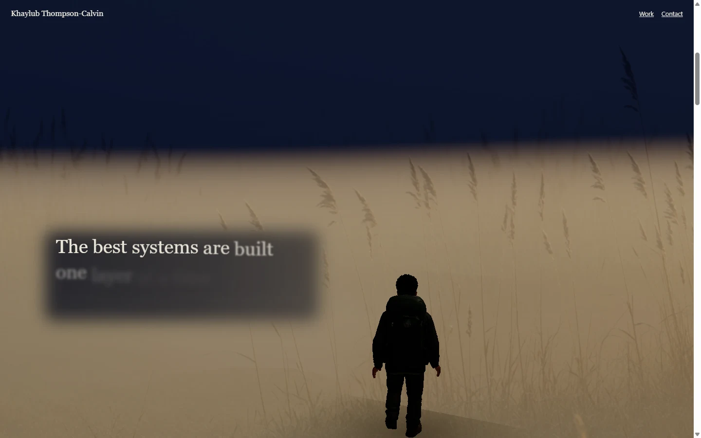 The Wanderer walks away through misty grass under a night sky while a line of text writes itself in word by word on the left.