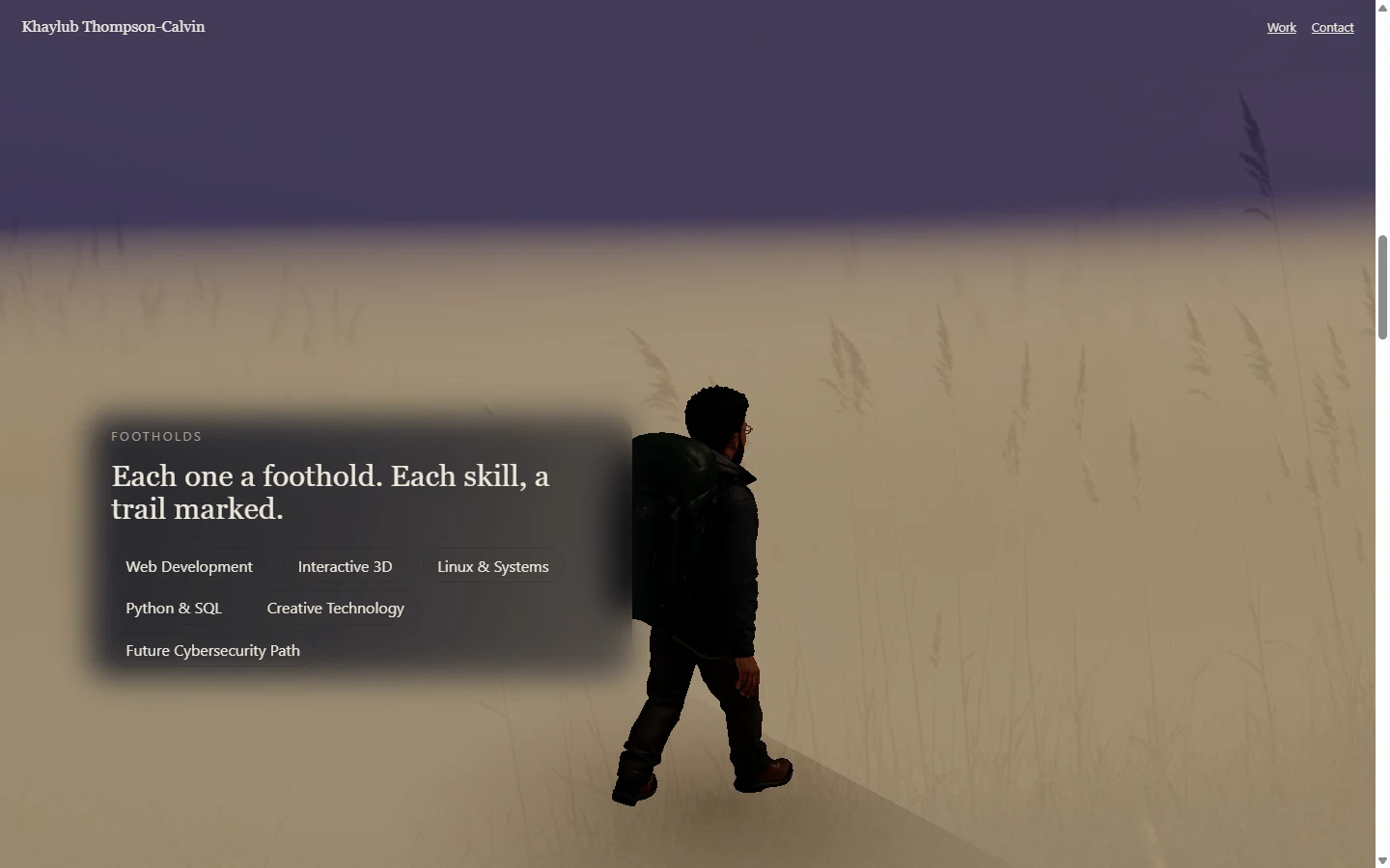 The Wanderer walks through pre-dawn grass beside a panel of six skill pills.