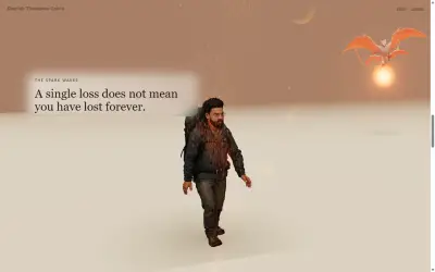 The Spark Wakes beat, with the Wanderer facing the viewer under a warm sunrise sky and a small orange phoenix igniting in the upper right.