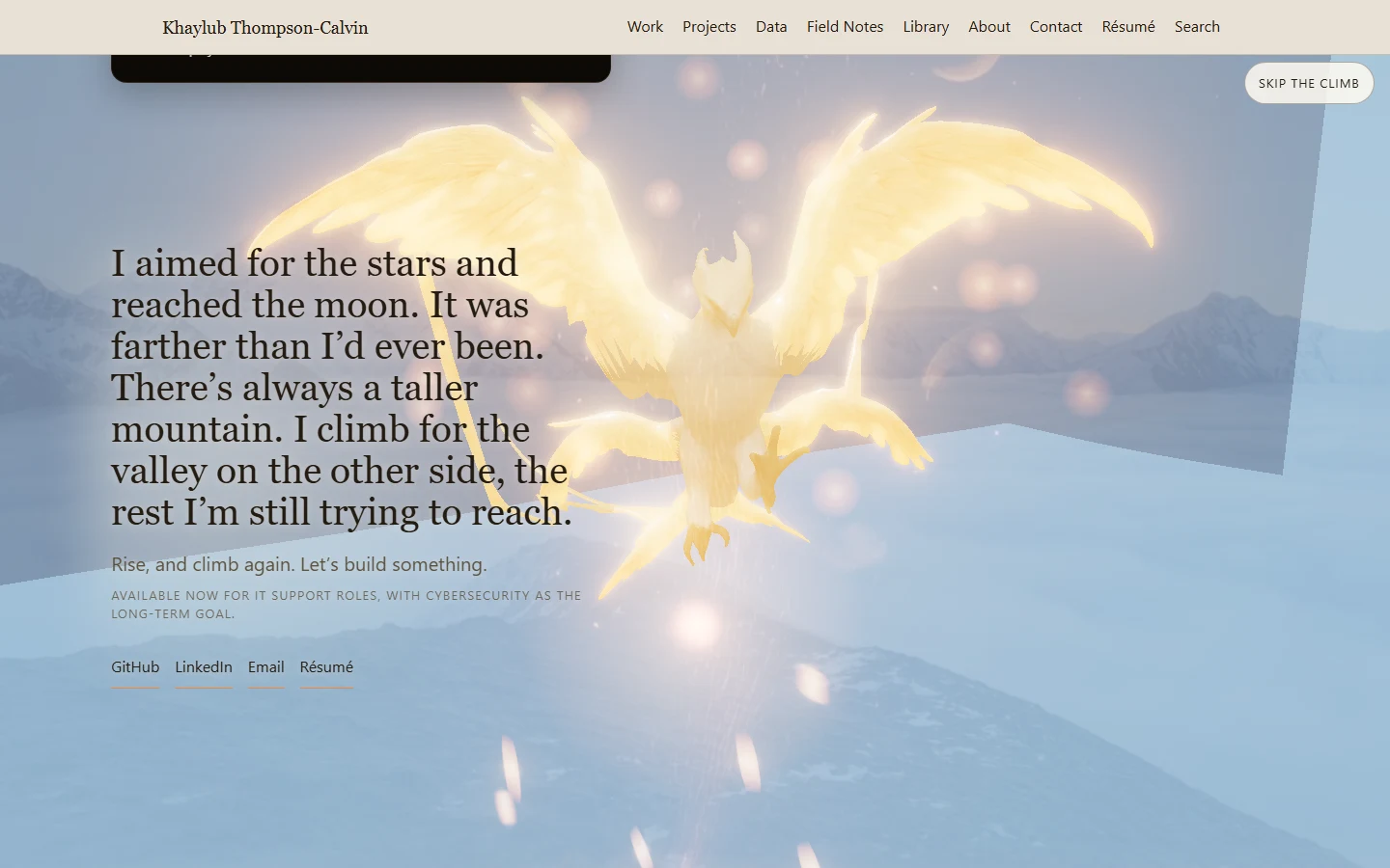 The Phoenix, wings spread and glowing white-gold, fills the sky over snowy ridges beside the closing principle and the contact links.