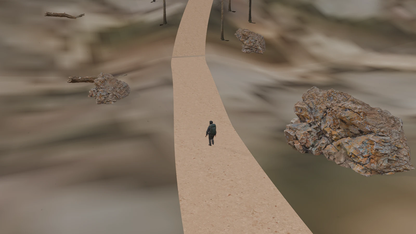 The Wanderer, a small figure in a dark jacket with a green backpack, walks away along a wide sand-coloured trail that curves uphill between boulders, fallen logs, and bare tree trunks.