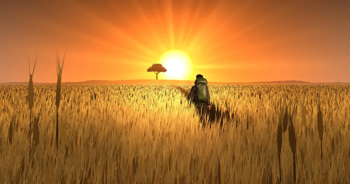 A traveller with a pack walks a trodden lane through golden wheat toward a lone tree and a low sun.